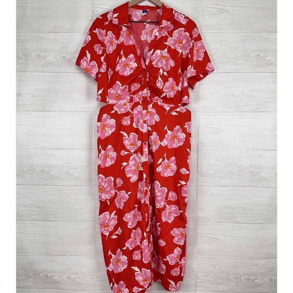 Old Navy Cutout Midi Shirt‎ Dress Women XL Red Floral Short Sleeve Button Collar - Picture 14 of 15